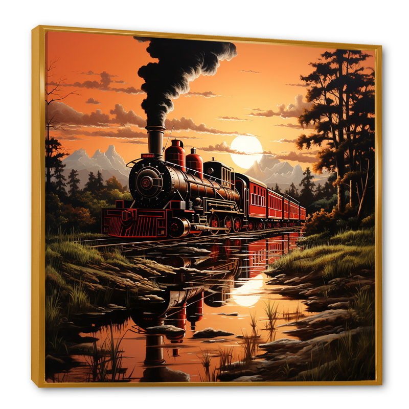 «Sunset Train Voyage In Usa II», art mural train, Or, H 16 po x l 16 po