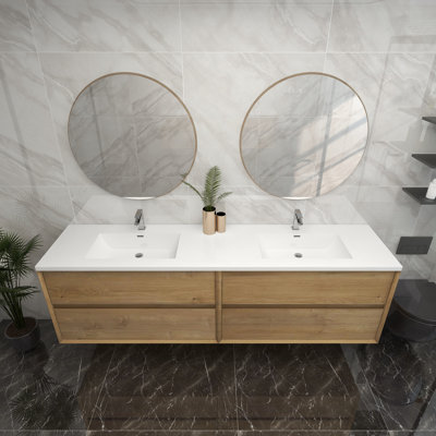 84"" Wall-Mounted Double Sink Bathroom Vanity Set -  Elsa, ESLIM84D-OAK