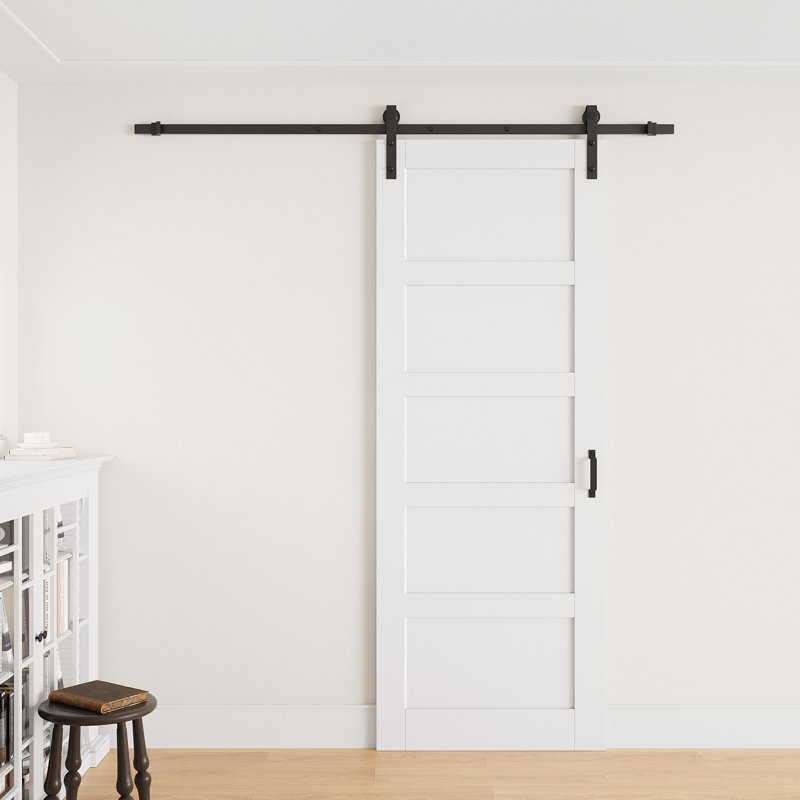 Porte de grange coulissante en bois 36 po x 96 po avec surface finie, toute la quincaillerie d'installation et la fermeture en douceur sont incluses, peut être repeinte, aucun assemblage requis