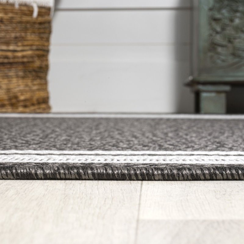 Helki Modern Border Stripe Black/Cream Indoor/Outdoor Rug, Runner 2' x 8'