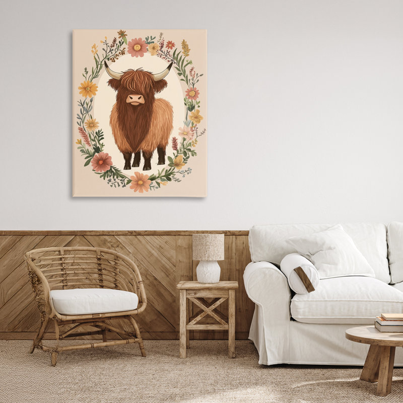 Toile Cutesy Floral Highland Cow, design par Petal Prints Design, H 40 po x l 30 po