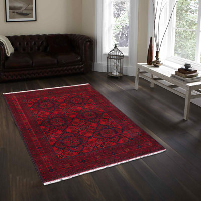 Tapis oriental noir / rouge en laine noué à la main 4 pi 10 po x 6 pi 7 po Cremeans