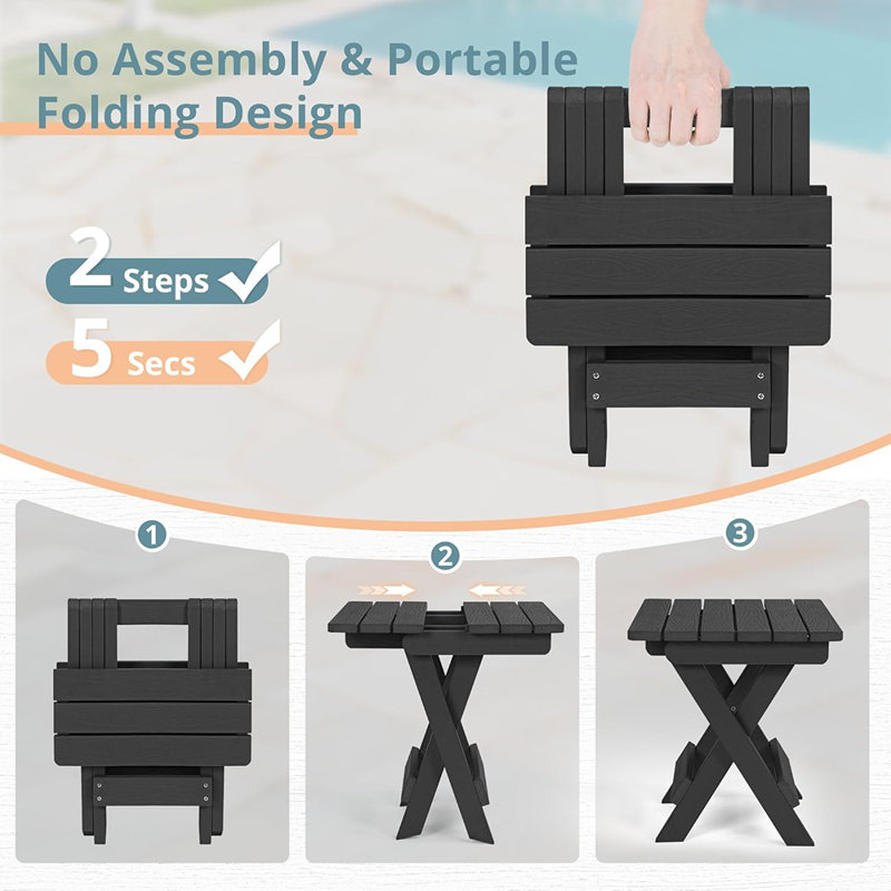 Outdoor Folding Side Table, HDPS Weather-Resistant Patio End Table, Compact 14-Inch Portable Accent Table For Porch, Deck, Poolside, Or Outdoor Use, Black
