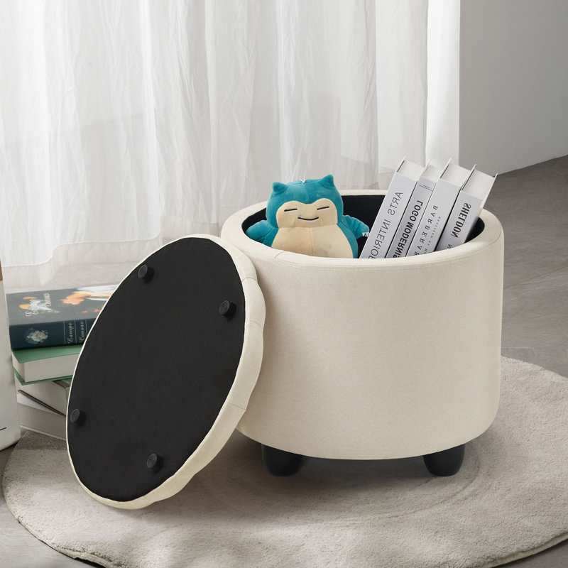 Modern Round Storage Ottoman, 18.75"W Linen Upholstered Pouf Stool with Hidden Storage for Living Room, Bedroom, Beige Linen