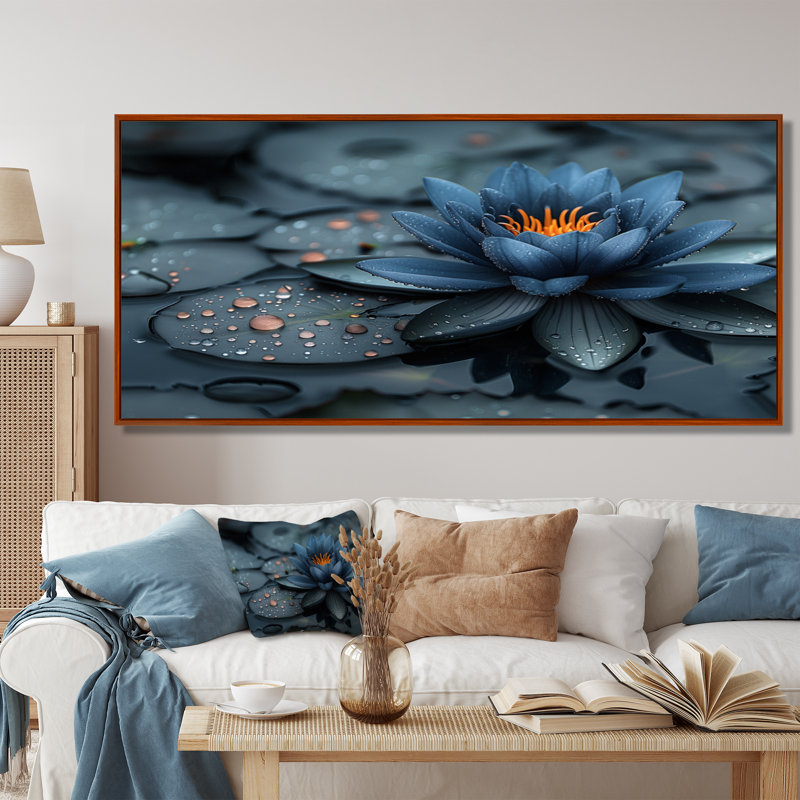 «Blue monochrome Lotus pond Radiant Blooms I», reproduction d'art sur toile Lotus, Cadre flottant brun, 24" H x 32" W