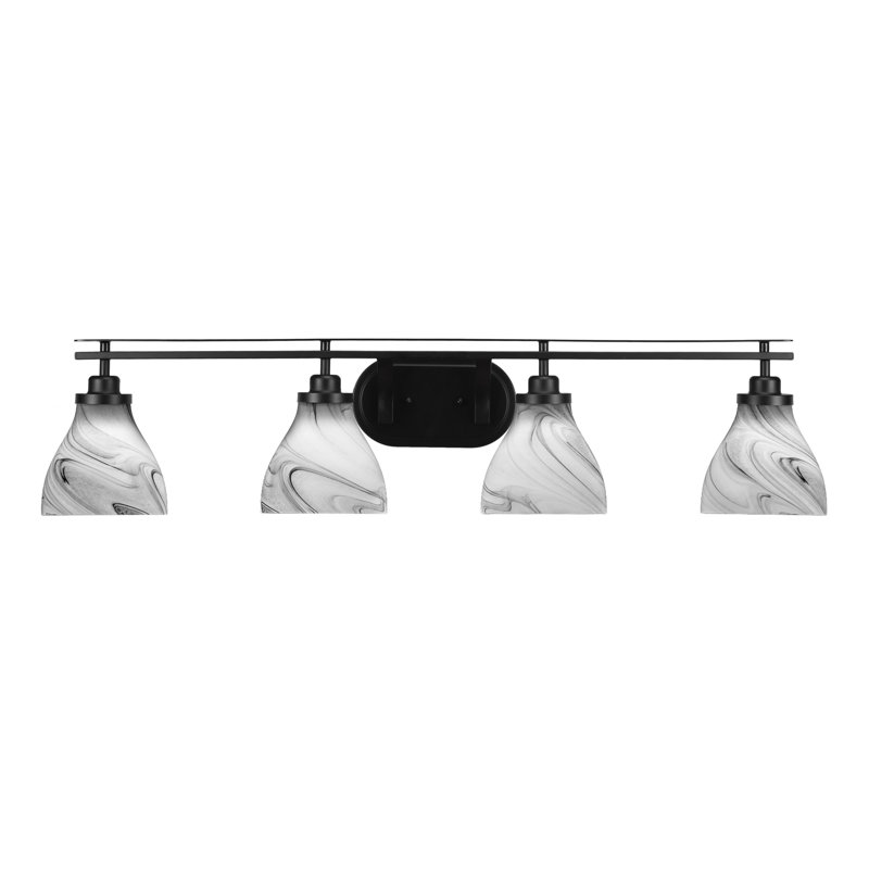 Aleighsha 4 Light Bath Bar Shown With 6.25" Onyx Swirl Glass, Matte Black