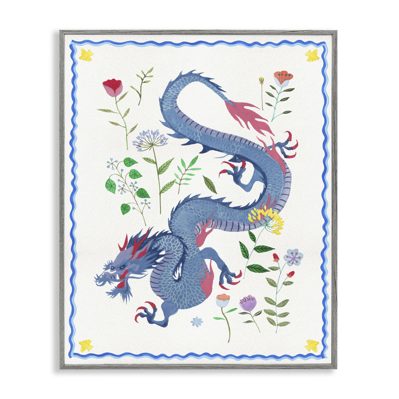  «Blue Dragon & Botanicals», art de la giclée encadrée par Melissa Wang, H 20 po x l 16 po, Gris