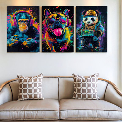 3 Pieces Colourful Animal Portraits Large Wall Art for Home Decor, Three Pieces Wall Art for Living Room, Bedroom, Office, and Home Decor, Framed Look