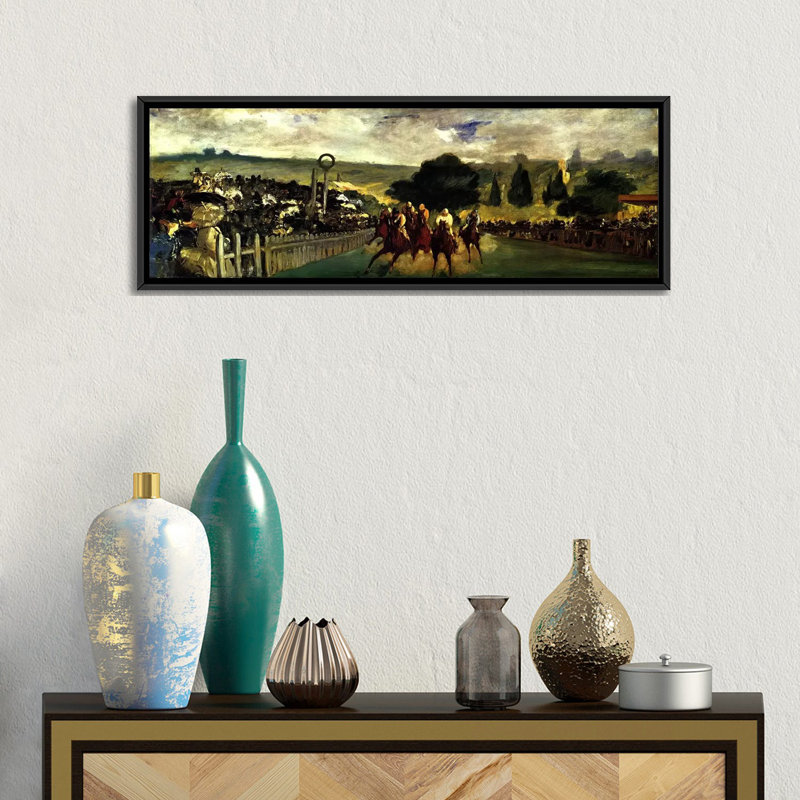 Reproduction d'art sur toile, "Races at Longchamp" par Edward Manet, H 12 po x l 36 po x P 1,5 po, Cadre noir