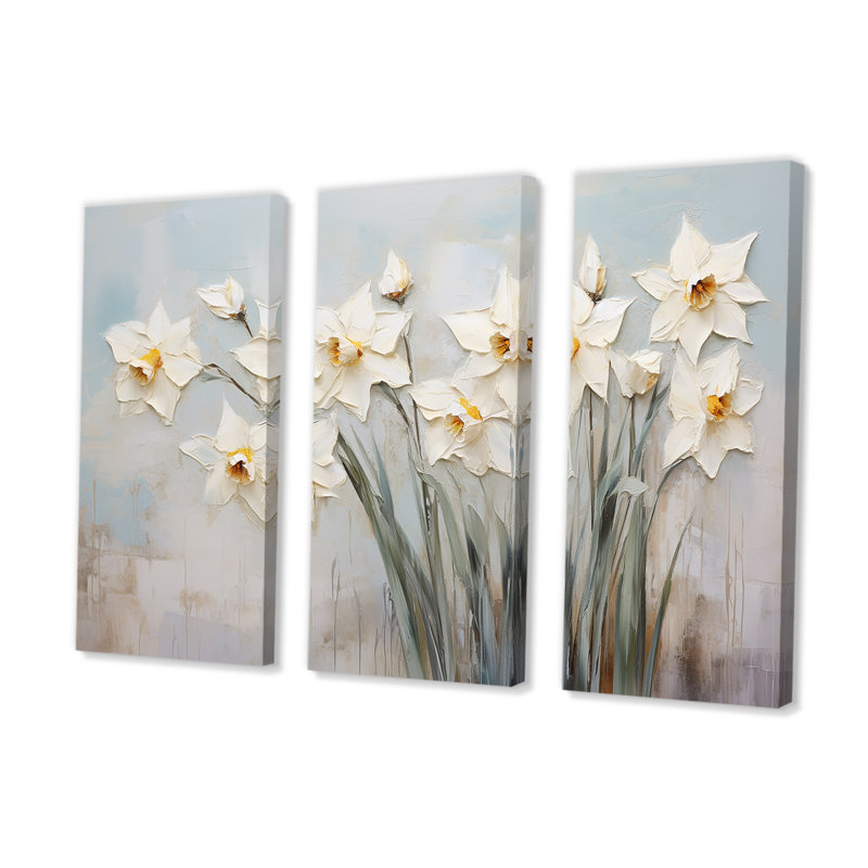 Minimalisme blanc jonquilles - ensemble de reproductions d'art mural jonquilles, H 40 po x l 60 po x P 1 po