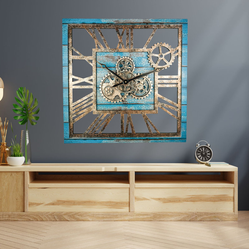 Wall Clock 24" Square Oversized for Living Room decor with Real Moving Gears America Collection, Blue