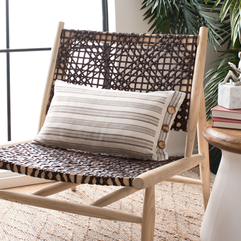 Beige and White Striped Button Accent Rectangular Pillow