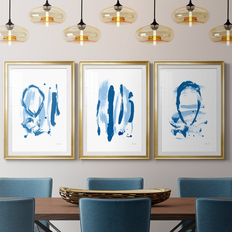 Blue Breeze IV - reproduction encadrée de qualité supérieure sur mesure mat - 3 pièces, H 30 po x l 63 po, Doré