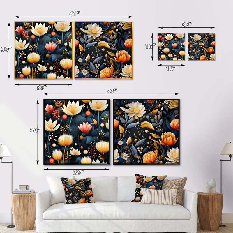 «Blue Multicolor Garden Blooms Floral», ensemble de 2 collages carrés, Cadre flottant noir, H 16 po x l 33 po