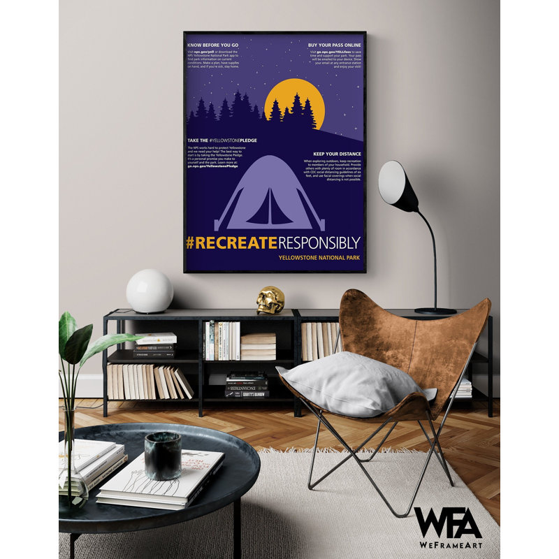 Affiche de camping «Recrée responsable», affiche de nature mauve, art mural de camping, décor de chalet en bois rustique, grande aventure violette