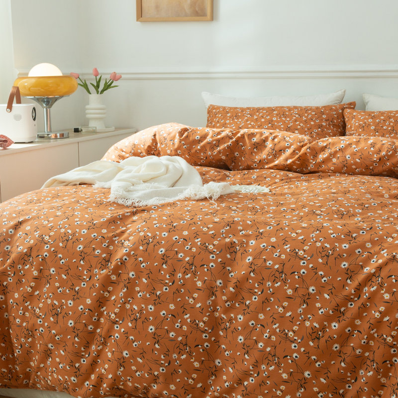 Cotton Floral Print Duvet Cover Set, Orange/Floral, Twin Duvet Cover + 2 Twin Pillowcases