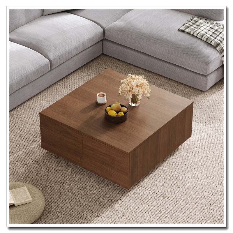 Table basse carrée 33,25 po à 4 tiroirs, Noyer