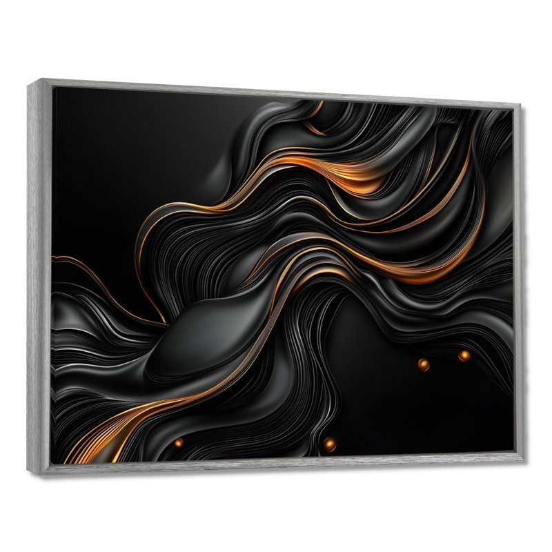 Quantum noir et feuilles dorées II - art abstrait fractal, H 24 po x l 32 po, Argent argent