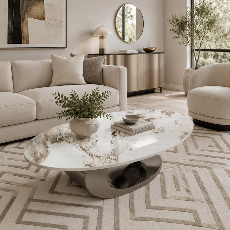 Table basse luxueuse en marbre blanc Belly Fish Belly avec base en acier inoxydable avant-gardiste, durable et élégante pour les intérieurs modernes.