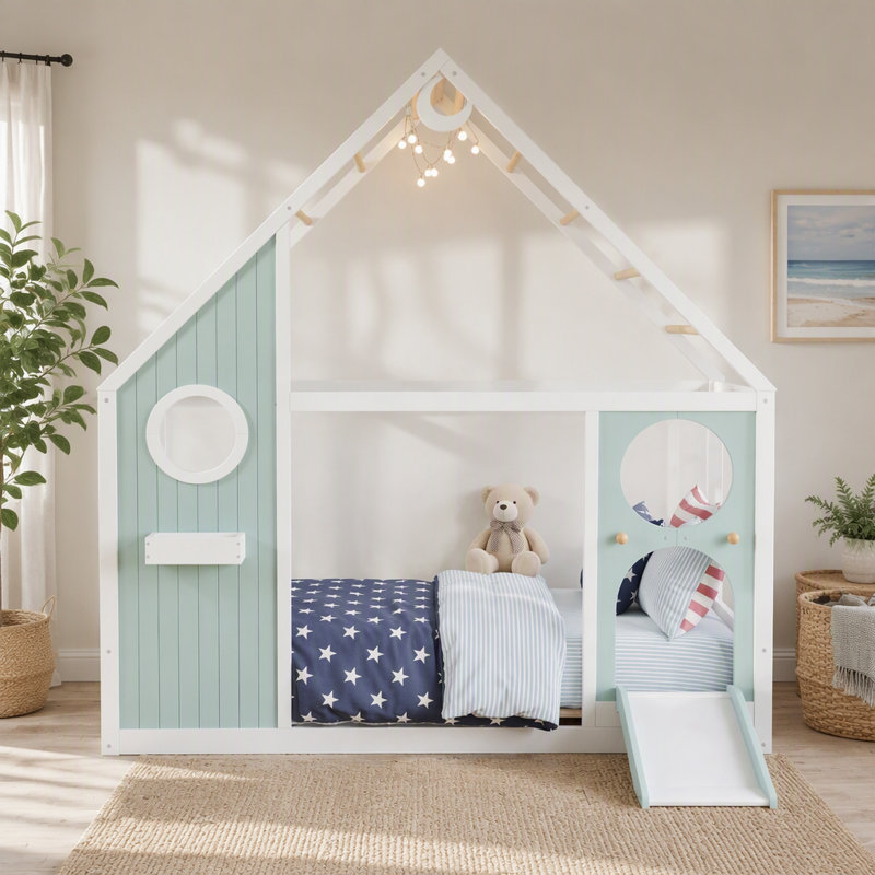 Lit simple avec glissade, bande lumineuse à billes, lit plateforme en bois avec panneau avant et panneau avant, mobilier de chambre amusant