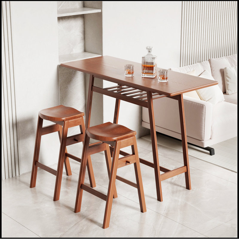 3 PCS Pub Dining Set Retro Bar Table Rubber Wood Stackable Backless High Stool for 2 with Shelf