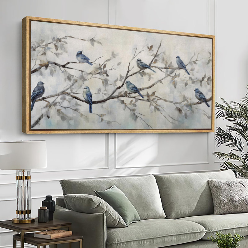Oiseaux bleus sereins sur des branches d'animaux mignons, H 30 po x l 60 po, Naturel