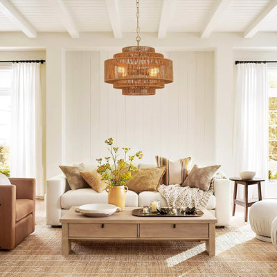Hand-Woven Rattan Chandelier Light Fixture 5-Tier Wicker Design With Adjustable Chain For Dining Room Kitchen Island Living Room Bedroom Boho Farmhouse Vintage Style
