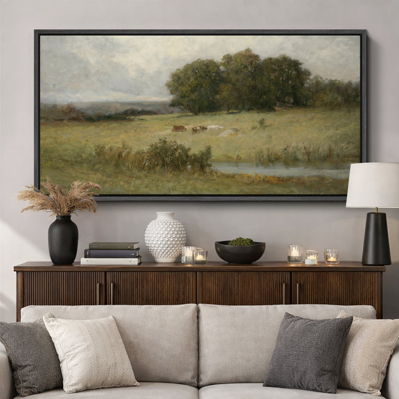 Pastoral Meadow With Cows Landscape Artwork, Living Room Dining Room Pictures, Framed Canvas Giclee Print Wall Art