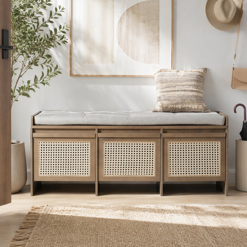 Banc de rangement pour chaussures de 48 po, banc de rangement rétro avec tiroirs en rotin et coussin amovible rembourré à boutons
