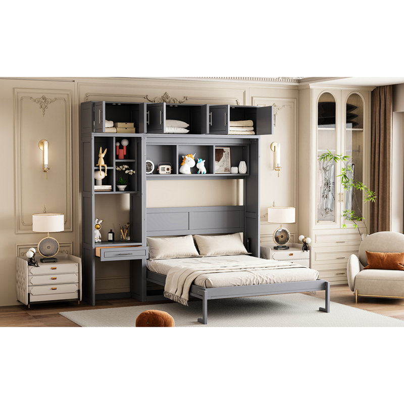 Grand lit mural gris, avec tablette supérieure, tablettes latérales intégrées et bureau, armoire à solution intelligente pour économiser de l'espace, option de rangement confortable