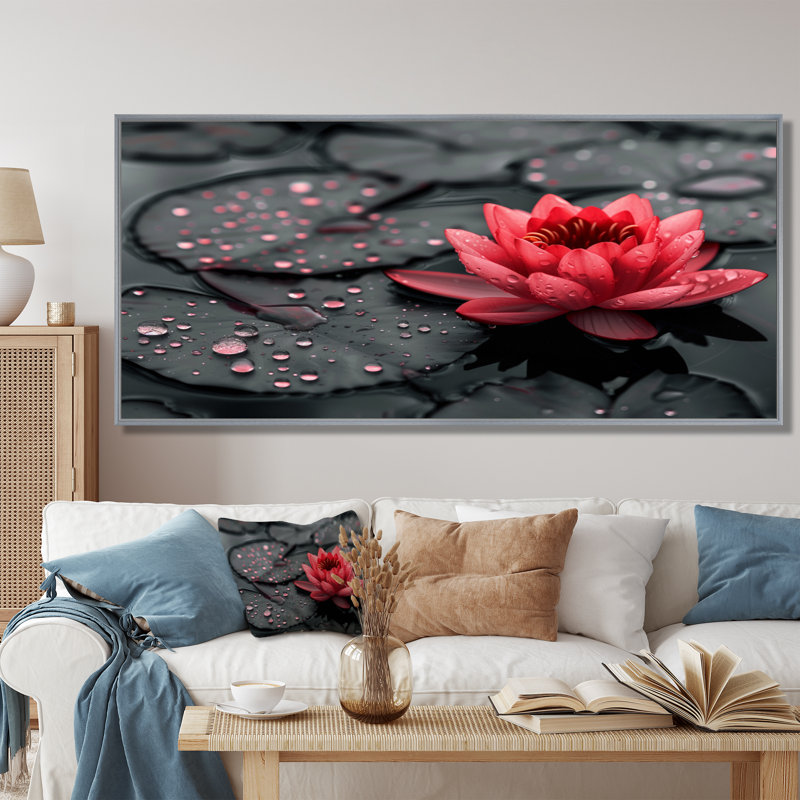 Romantique étang de lotus rouge noir - art mural Lotus, Encadrement argenté, H 28 po x l 60 po