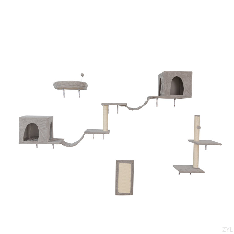 Arbre à chat mural, meuble pour chat avec 2 maisonnettes pour chat, 3 tablettes murales pour chat, 2 échelles, 1 perchoir pour chat, poteaux à griffer et coussin en sisal