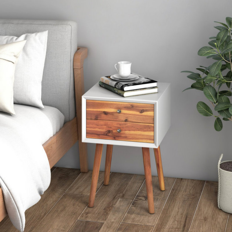 Mid-Century Wooden Multipurpose End Table with 2 Storage Drawers, Brown