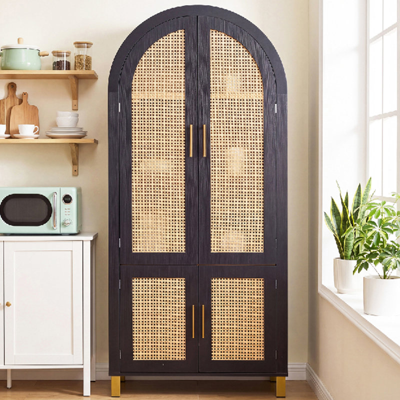 Rattan Kitchen Pantry Cabinet With Adjustable Shelves