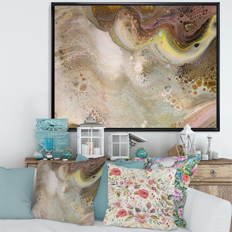 Abstrait doré et univers de marbre brun - peinture sur toile, H 16 po x l 32 po, Cadre flottant noir