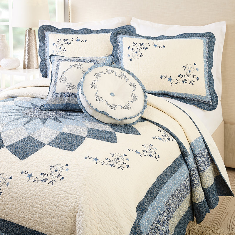 Charlotte 14'' Round Embroidered Blue and White Decorative Pillow