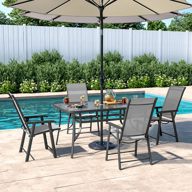 Demi 4 - Person Patio Dining Set Umbrella Hole Included Rectangular Table, Grey/Beige