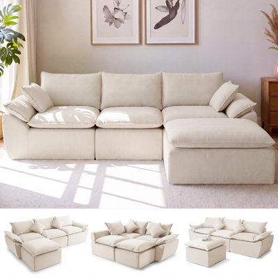 108" Boneless Couch with 20" High Back Support, Modular Sectional Sofa with Ultra Deep Seat, Faux Suede Cloud Sofa for Living Room and Bedroom, 3-Seater Convertible Couch with Ottoman, Beige