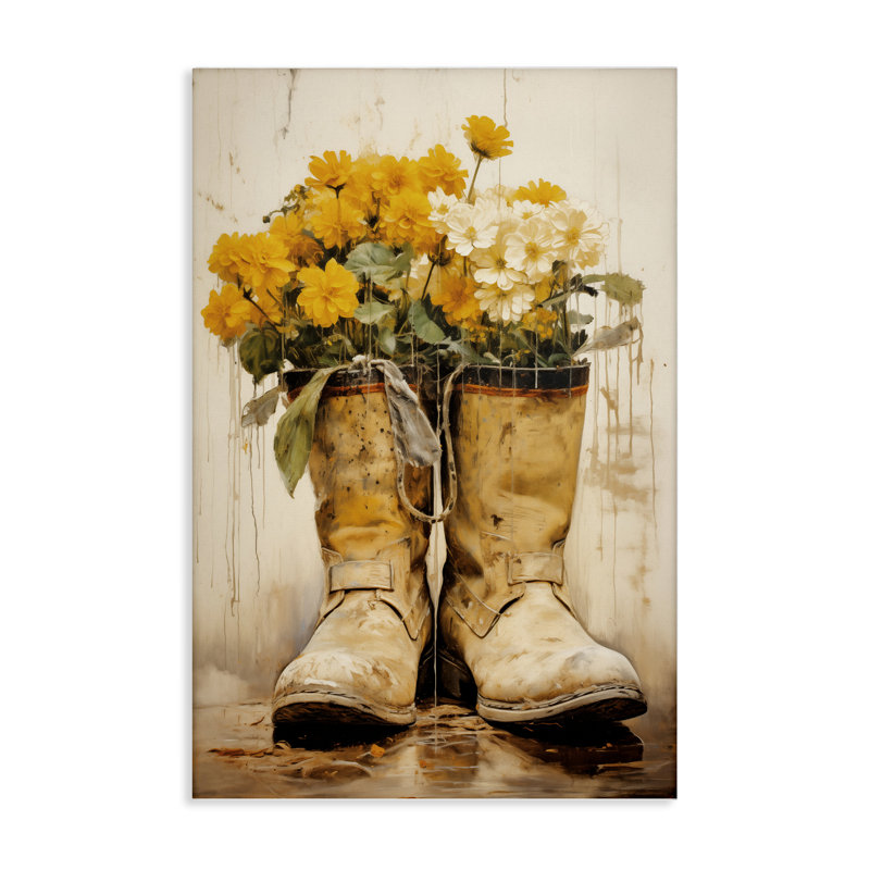 Fleurs dans une toile de bottes de campagne robuste, design par Heidi Kuntz, H 45 po x l 30 po
