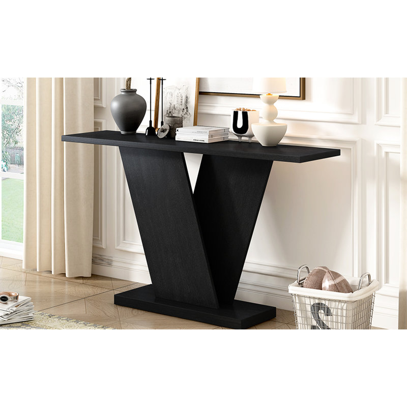 Console en placage de bois naturel noir, décor intérieur minimaliste pour la chambre à coucher, grande surface de présentation, structure de base en V stable, décoration d'installation sans tracas, mobilier, plateau spacieux,