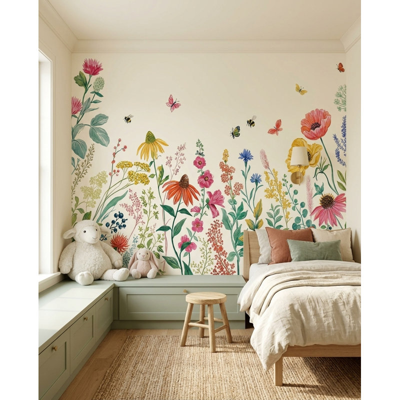 Papier peint aquarelle botanique « Prairie de fleurs sauvages », 100"x96", Peel and Stick