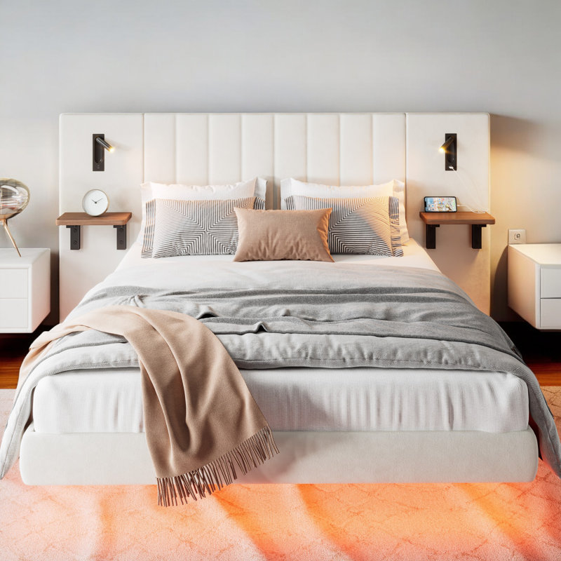 White Velvet Upholstered Bed With 2 Bedside Lamps, Headboard Storage Function, With Charging Socket, With Light Strip Under The Bed