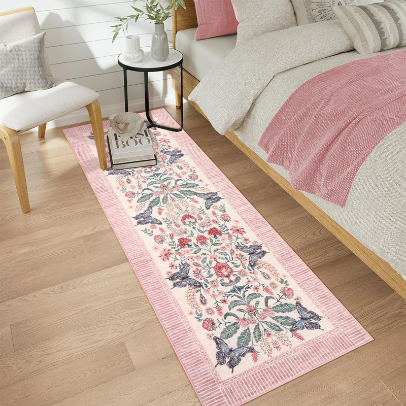 Garden-Inspired Butterfly Washable Area Rug, Stain Resistant Soft Floor Cover for Living Room Bedroom Dining Room, Pink