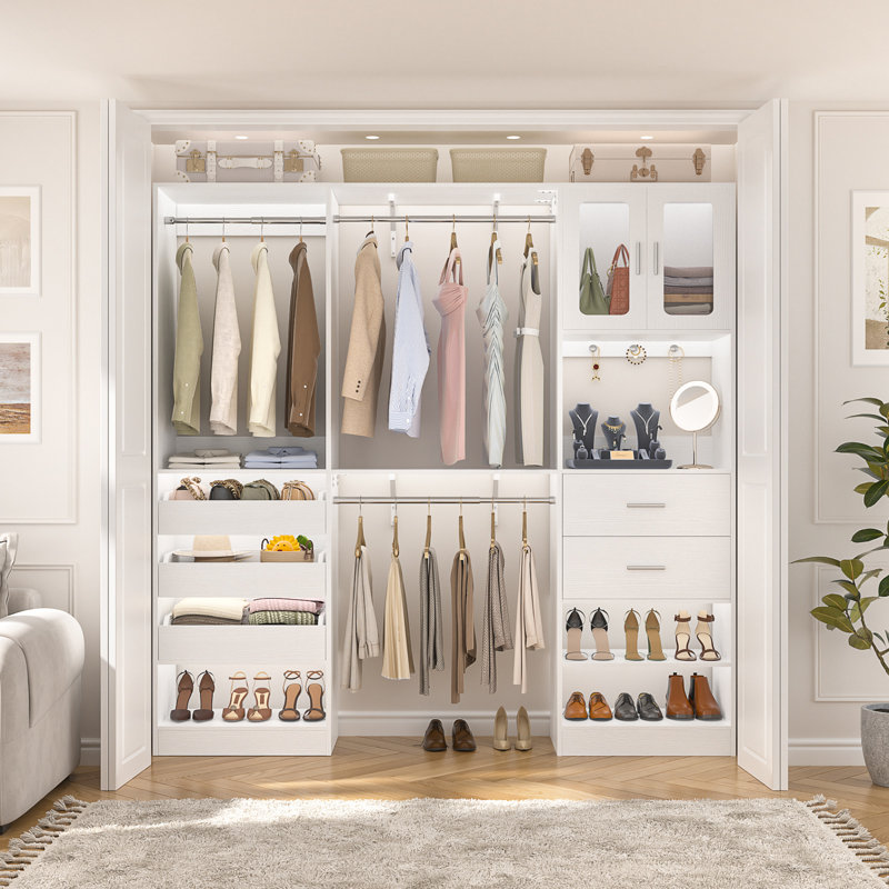  80"-120" Closet Organizer With Door And Wooden Drawers（Adjustable Width）, White
