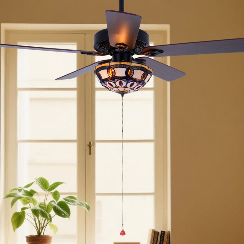 46 Inch Traditional Ceiling Fan With Light And Remote, Reversible Motor, 5 Wood Blades, Tiffany Glass Shade – Vintage Bronze Finish