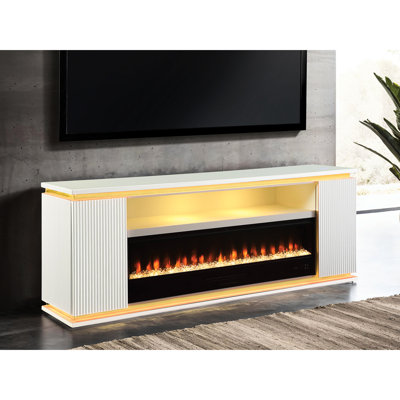 Meuble télé avec foyer électrique contemporain, fini blanc, 3 niveaux de luminosité, contrôle de la température, supporte les téléviseurs jusqu'à 65 pouces, fabriqué en bois d'ingénierie, pin, verre et métal, assemblage des pieds requis.