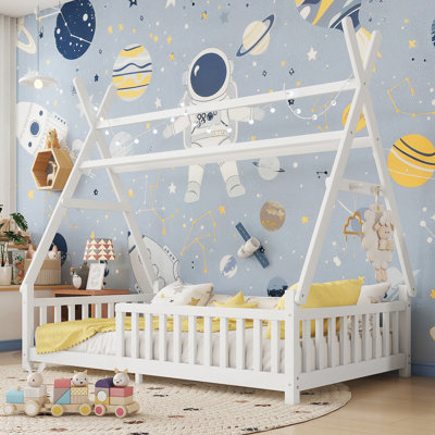 Lit simple avec lumière et lit surélevé avec clôture et toit pour enfants Garçons Filles
