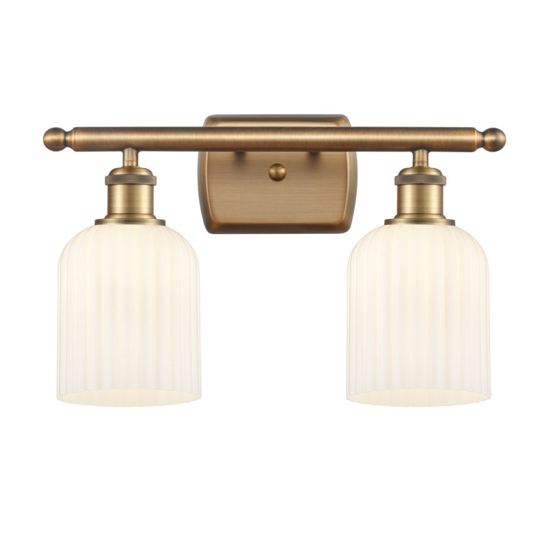 Brysin 15" W 2-Light Dimmable Metal Vanity Light with Glass Shades, Brushed Brass, Gloss White
