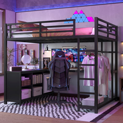Metal Loft Bed With Wardrobe And L-Shaped Desk, Full Size Loft Bed With Storage Cubes And Shelves, Loft Bed For Kids Teens Adults, Black