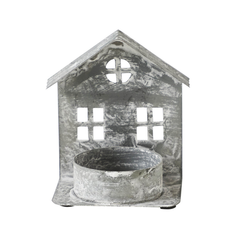 Festive Finds Tealight Holder Metal Village House G Antique Grey 3.25x2.75x2